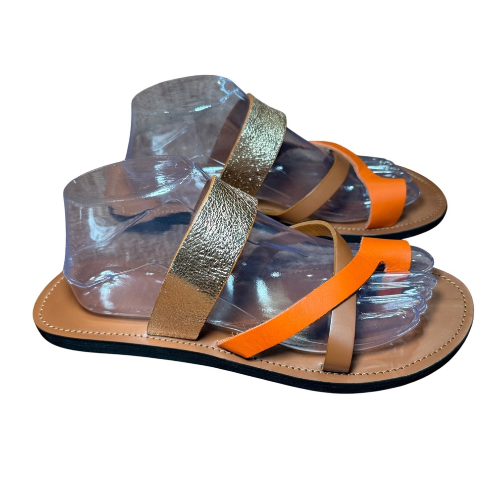 Ikwetta Handcrafted Leather Sandals Kenya Orange Gold Strappy Flat Slides 41 - Picture 4 of 11
